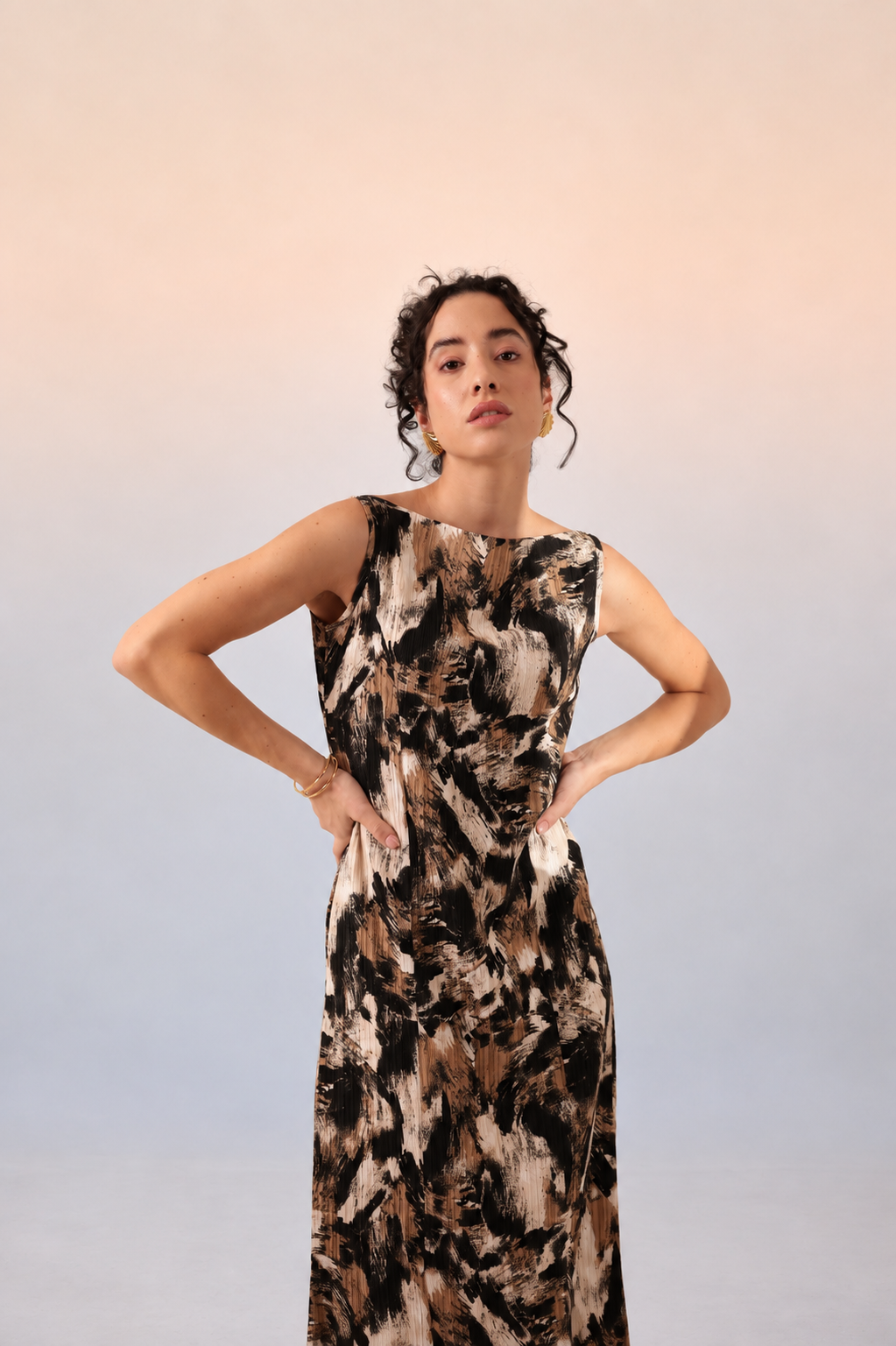 Earthy Strokes Boat Neck Dress