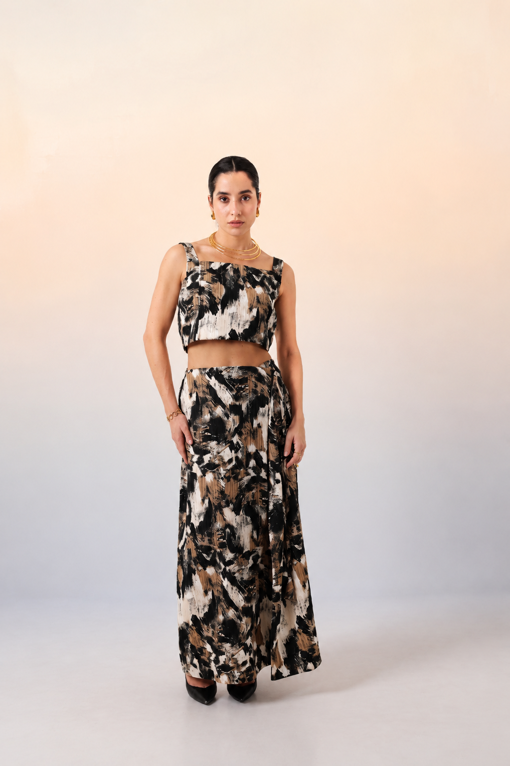 Earthy Strokes Slit Skirt Set